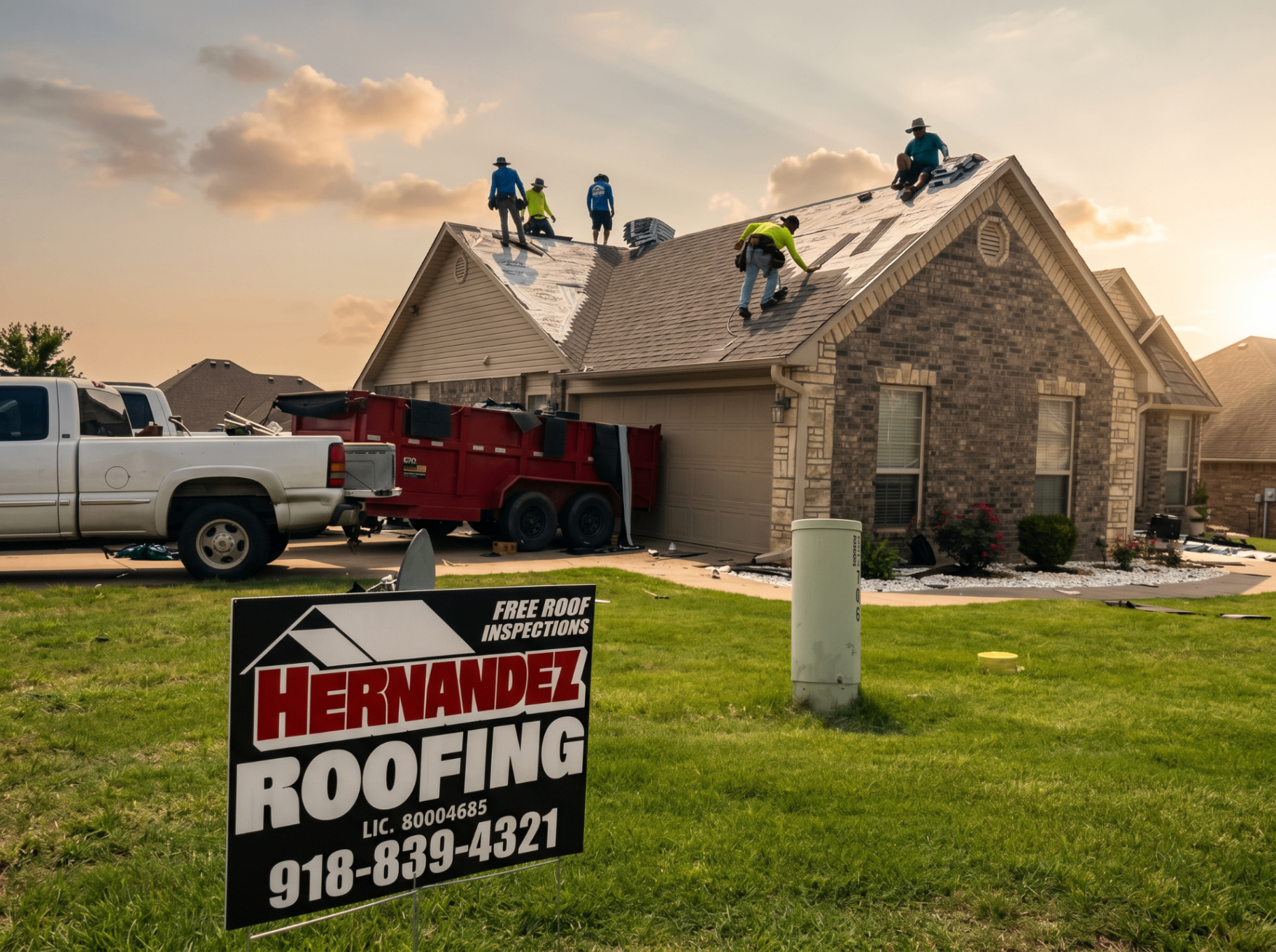 Hernandez Roofing crew installing new architectural shingles on an Oklahoma home at golden hour