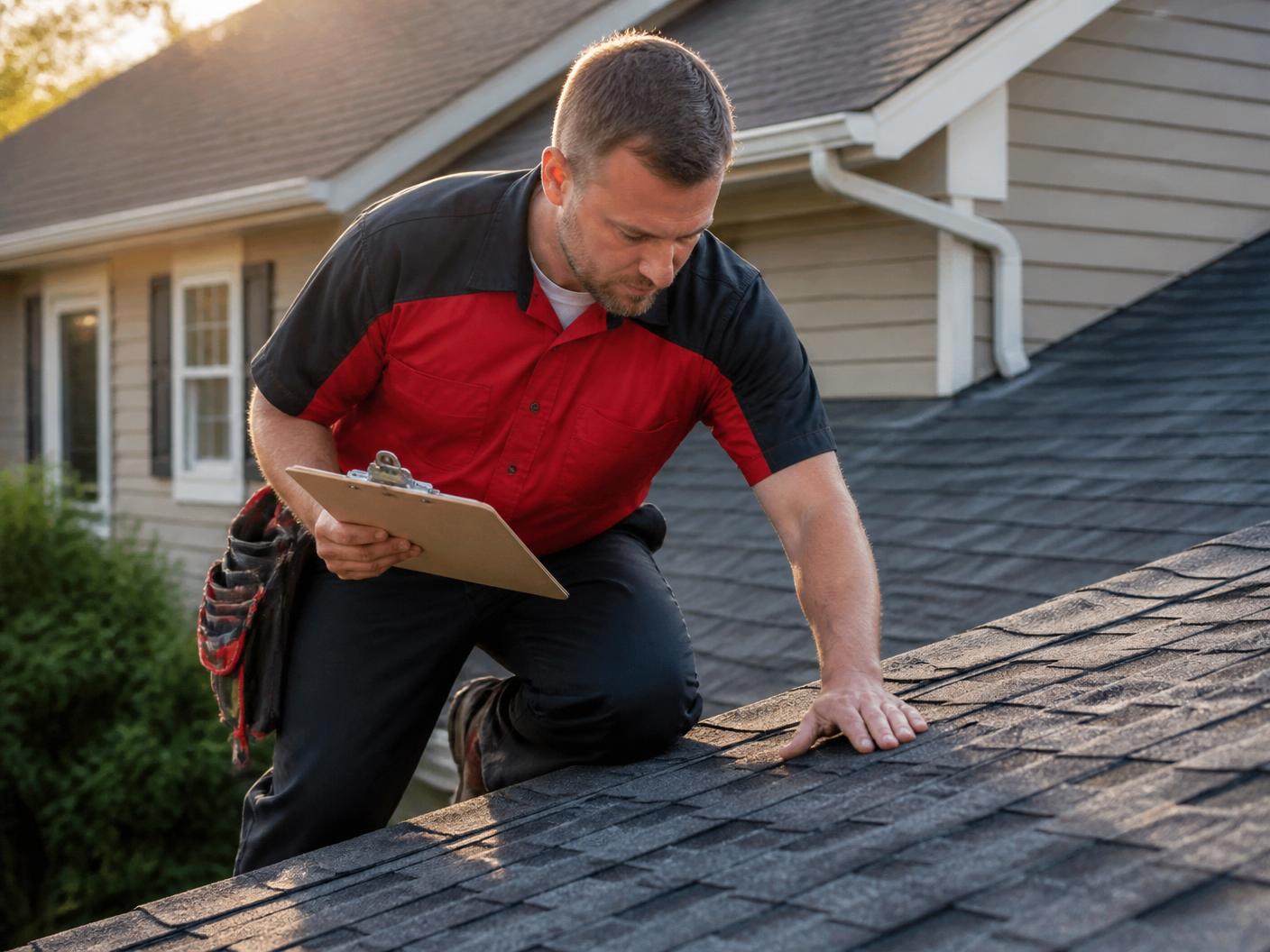 Hernandez Roofing inspector on a residential roof with a clipboard checking shingle condition